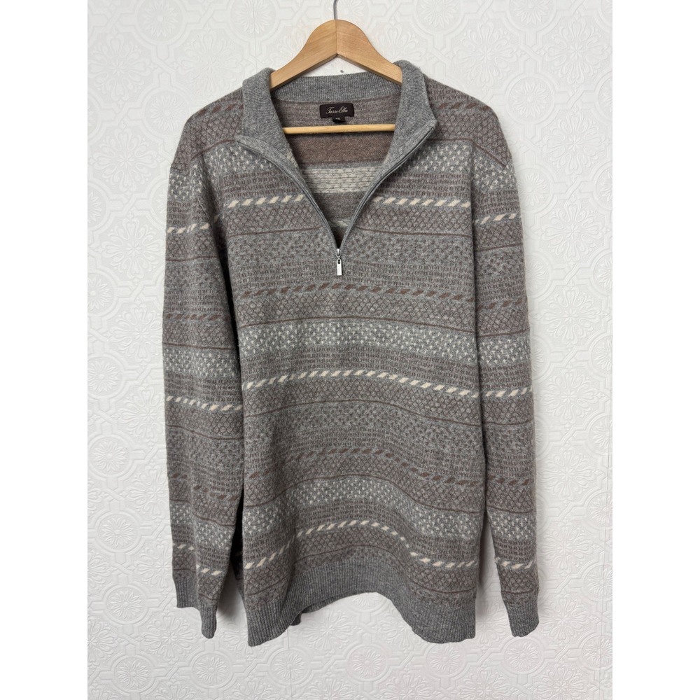 Tasso Elba 100% Cashmere Quarter Zip Sweater Grey Fair Isle Knit mens XXL